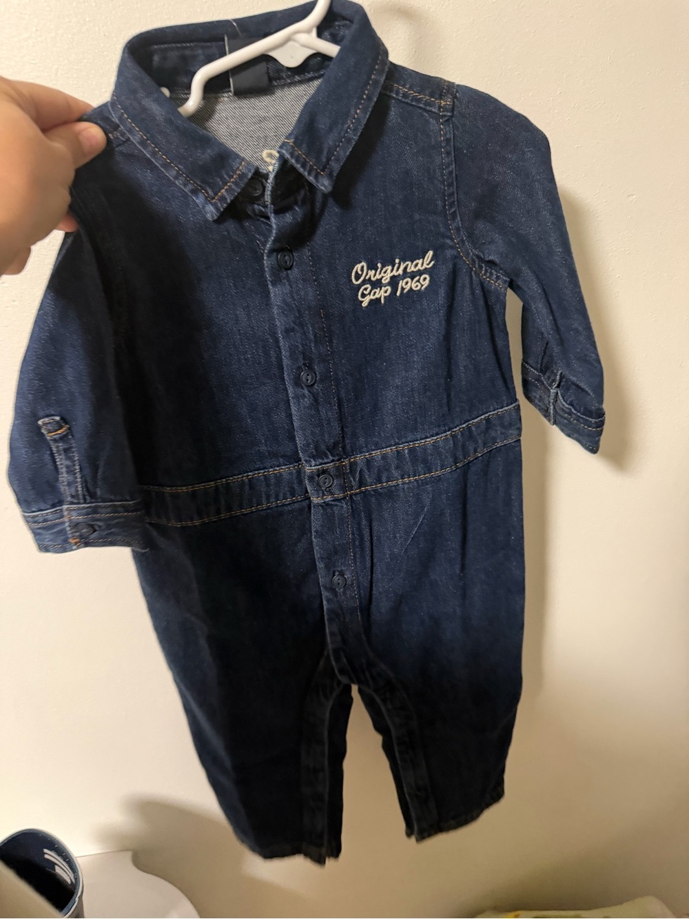 GAP Dark Blue Denim Baby Romper with Embroidered Logo 12-18M